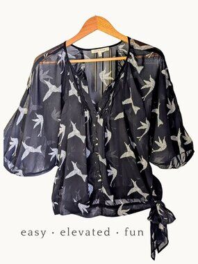 Sheer Hummingbird Print Blouse Dolman Sleeve Tie Waist Flowy Chic L Black Rainn